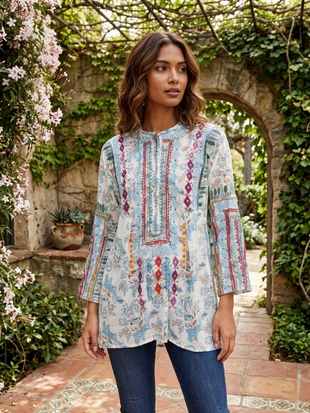 NWT Biya Johnny Was Isla Blouse in White Floral Print Embroidered Silk Top S